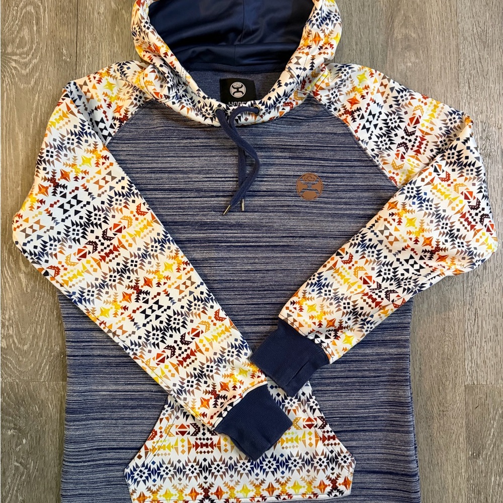 Hooey Navy Blue Hooded Sweater with Multicolor Aztec Print Sleeves